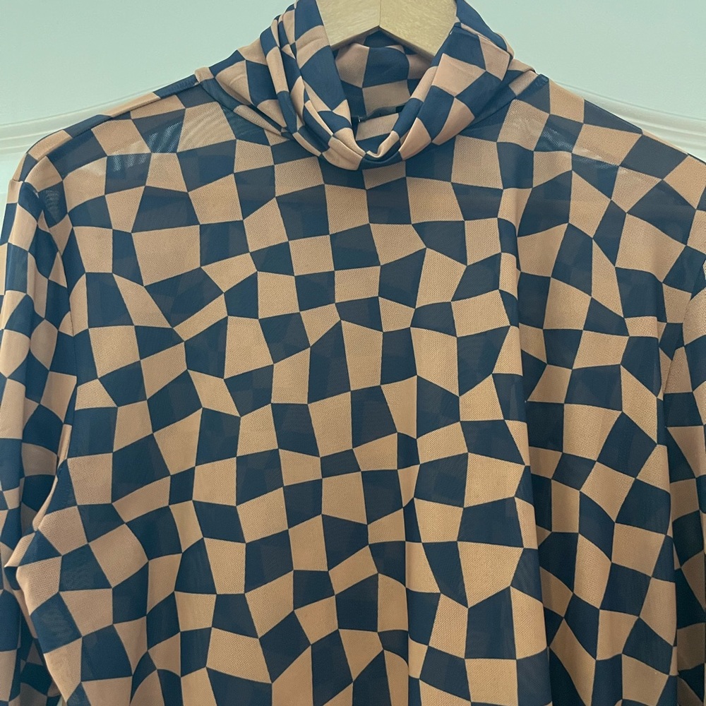 Eloquii Mesh Long sleeve Checker Print Top